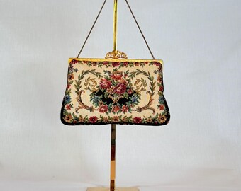 Vintage Gobelin Tasche Petit Point Blumendesign Goldrahmen | Vintage Tapestry Purse Floral Petit Point Gold Frame Clasp Mid Century