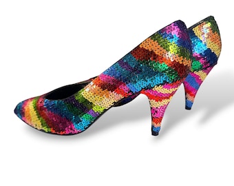 Vintage Regenbogen Pailletten Pumps FRANKIE and Baby Beverly Feldman 80er 90er High Heels Glitzer Schuhe Disco Party Retro Statement 39
