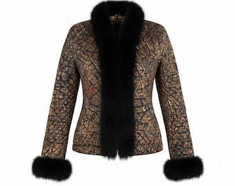 Veste matelassée VOSS 100 % soie pure, motif cachemire doré vintage années 90, luxueuse veste de soirée à bordure en fourrure