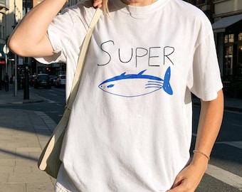 Super Tuna Hand Drawn Fish T-Shirt, Simple Sketch Blue Tuna Funny Wordplay Coastal Graphic Tee