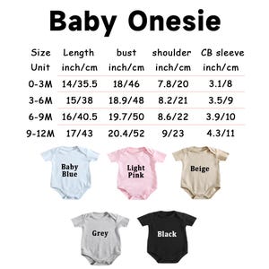 May include: A size chart for a baby onesie with columns for length, bust, shoulder, and sleeve measurements in inches and centimeters for sizes 0-12M. Below are five short-sleeve onesies in baby blue, light pink, beige, grey, and black colors.