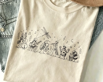 Minimal Single Line Bug Jazz Band T-Shirt,  Dragonfly Music Insect Graphic Tee, Vintage Cottagecore Casual Top