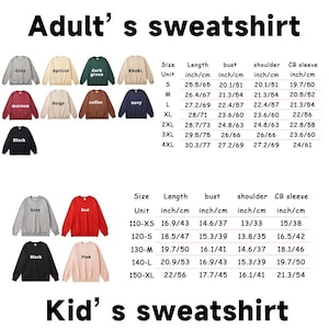 May include: A collection of adult and kid sweatshirts in various colors including grey, apricot, dark green, khaki, maroon, beige, coffee, navy, black, red, and pink, accompanied by two size charts displaying length, bust, shoulder, and sleeve measurements.