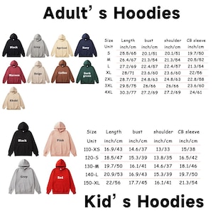 May include: A collection of adult and kid's hoodies in various solid colors including black, grey, apricot, navy, maroon, beige, coffee, dark green, khaki, pink, and red, accompanied by two size charts displaying length, bust, shoulder, and sleeve measurements.