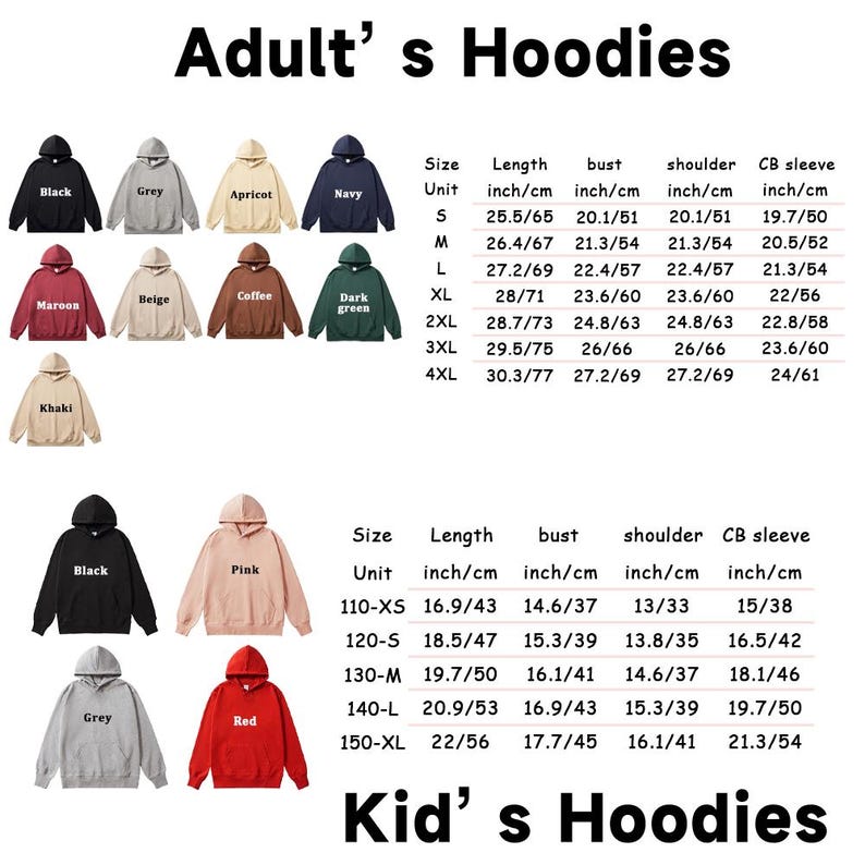 May include: A collection of adult and kid's hoodies in various solid colors including black, grey, apricot, navy, maroon, beige, coffee, dark green, khaki, pink, and red, accompanied by two size charts displaying length, bust, shoulder, and sleeve measurements.