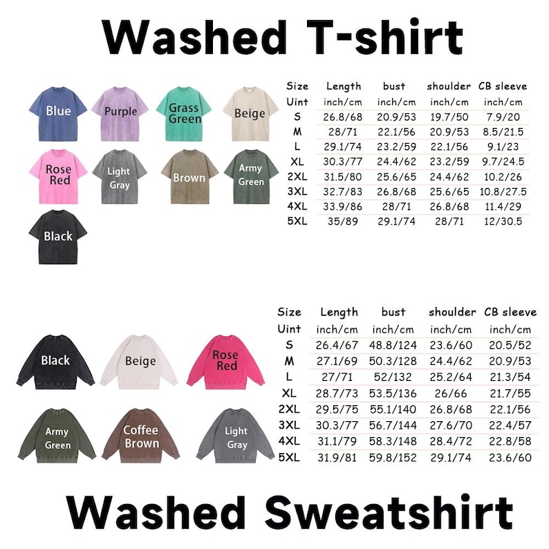 May include: A size chart for washed t-shirts and sweatshirts in various colors including blue, purple, grass green, beige, rose red, light gray, brown, army green, and black, with detailed measurements in inches and centimeters for sizes S to 5XL.