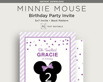 Text Editable - Minnie Mouse Kids Birthday Party Invitation - Purple - 5x7 - Printable - Instant Download