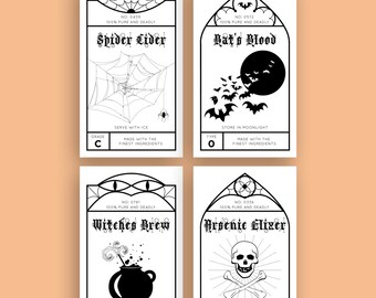 INSTANT DOWNLOAD - Halloween Wine Labels - Halloween Party Decor - 4 Designs - DIY Printable