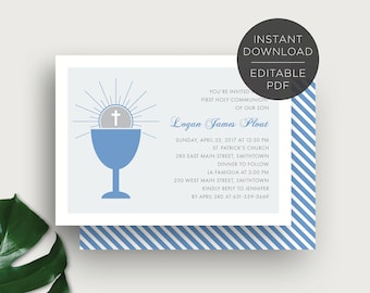 Text Editable, Boy's First Holy Communion Invitation, Blue, 5x7, Printable, Instant Download