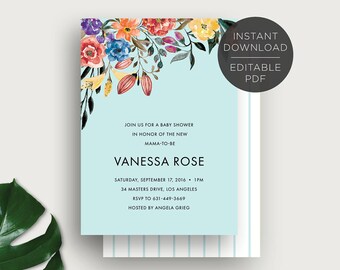 Text Editable, Watercolor Flowers, Florals, Wedding Invitation, Birthday, Bridal, Baby Shower Invitation, 5x7, Printable, Instant Download