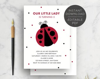 Text Editable, Lady Bug Invite, Birthday Party Invitation, Baby Shower Invitation, Red, 5x7, Printable, Instant Download