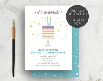 Text Editable, Birthday Cake Kids Birthday Party Invitation, 5x7, Printable, Instant Download