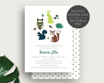 Text Editable, Woodland Forest Animals Baby Shower Invitation, Birthday Party Invitation, 5x7, Printable, Instant Download