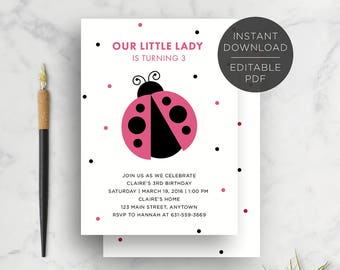 Text Editable, Lady Bug Invite, Birthday Party Invitation, Baby Shower Invitation, Pink, 5x7, Printable, Instant Download