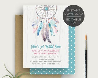 Text Editable, Dream Catcher Girl's One Birthday Party Invitation, First Birthday, Wild One, 5x7, Printable, Instant Download