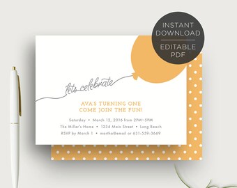 Text Editable, Kid's One Birthday Party Invitation, First Birthday, Orange, 5x7, Printable, Instant Download