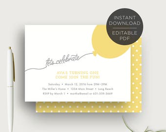 Text Editable, Kid's One Birthday Party Invitation, First Birthday, Yellow, 5x7, Printable, Instant Download