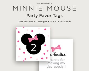 Text Editable - Minnie - Favor Gift Tags - 2 Designs - 2x2 - Pink - DIY Printable
