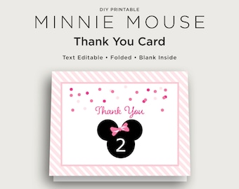Text Editable - Minnie Mouse - Birthday Party Thank You Card - DIY Invite - Pink - Printable - Instant Download