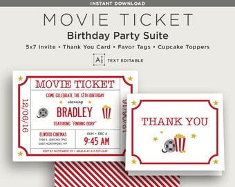 Text Editable - Instant Download - Printable - Movie Ticket - Kids Birthday Party Invite - DIY Suite - Red - 5x7 Invite