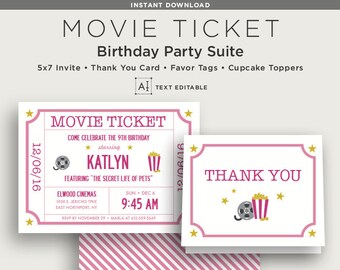 Text Editable - Instant Download - Printable - Movie Ticket - Kids Birthday Party Invitation - DIY Suite - Pink - 5x7 Invite