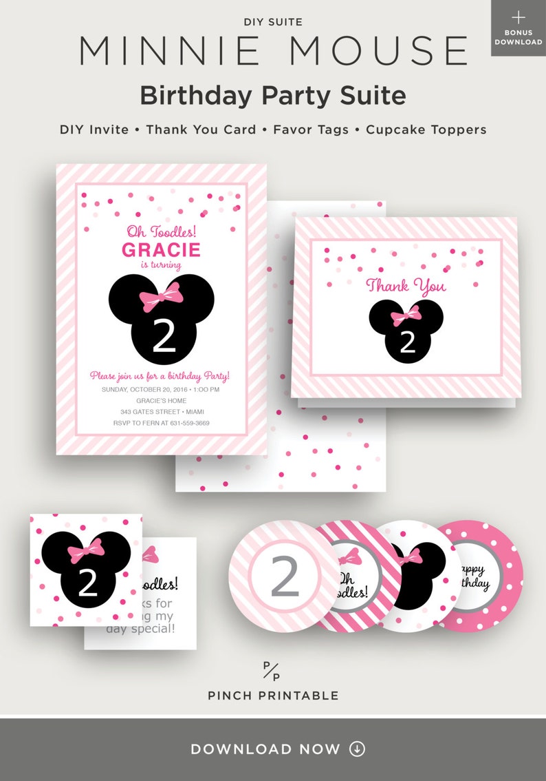 Pink 5x7 Invite Printable Instant Download Party Package Text Editable Minnie Mouse Kids Birthday Party Invitation Suite