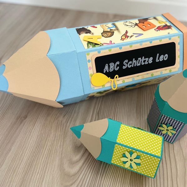 Schultüte Geschenkbox  XXL in Buntstift-Form | Geschenkverpackung zum Schulanfang |  für Einschulung | Stiftebox aus Karton, 38 x 14 cm