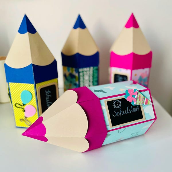 Schultüte Geschenkbox in Buntstift-Form | Geschenkverpackung zum Schulanfang | Stiftebox aus Karton für die Einschulung | 23,5 x 10,5cm
