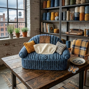 May include: A small, blue knitted sofa with a cable knit pattern, featuring cushions in yellow, white, and patterned textiles. The sofa is placed on a rustic wooden table, with yarn spools and a window in the background.