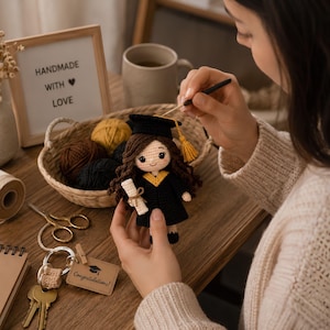Könnte beinhalten: Handgemachte Häkel-Abschluss-Puppe mit schwarzer Kappe und Robe mit gelber Quaste. Die Puppe hält ein gerolltes Diplom. Ein Schild lautet "Handmade with Love". Ein Etikett sagt "Herzlichen Glückwunsch!"