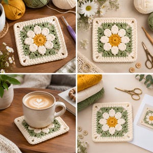 Könnte beinhalten: Ein quadratischer Häkeluntersetzer mit einer zentralen gelben Blume mit weißen Blütenblättern, umgeben von salbeigrünem Garn und einem cremeweißen Rand. Das Design ist im klassischen Granny-Square-Stil mit einer strukturierten Optik gearbeitet.