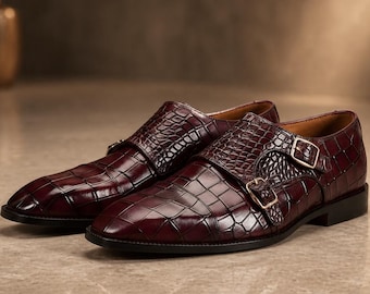 Men’s Handmade Burgundy Embossed Leather Double Monk Strap Dress Shoes  Elegant Formal Style