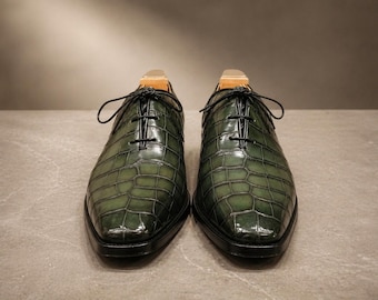 Groene leren Oxford-schoenen met krokodillenprint voor heren – Handgemaakte luxe schoenen met veters
