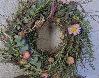 Corona de primavera, corona de verano - corona de tomillo - corona natural para puerta, corona de primavera y verano con tomillo fresco, romero y eucalipto.