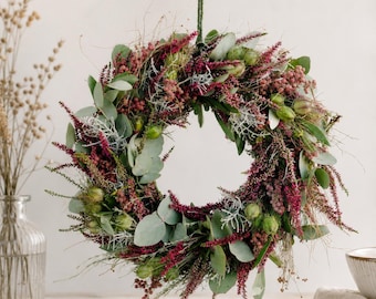 Summer wreath & autumn wreath "Autumn Joy" with fresh eucalyptus, pink calluna (heather), nigella and silver wire vine.