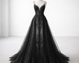 Dare to be different, Black Gothic Ball Gown, Deep V Neck Tulle Wedding Dress, Spaghetti Strap Lace Applique Bridal Dress
