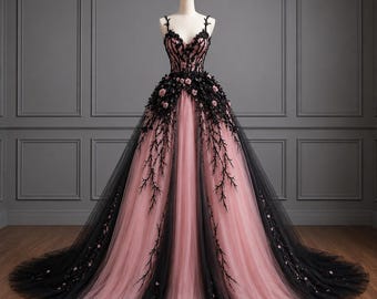 Abito da sposa gotico in tulle nero e rosa, abito da fata scura con applicazioni floreali, abito da ballo per cerimonia serale