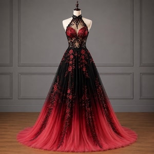 Red and Black Lace Gown - Etsy Red and Black Lace Gown - Etsy