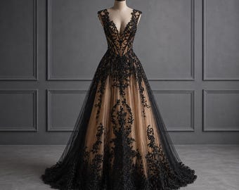 Robe de mariée en tulle en dentelle noire, corset gothique alternatif, robe de mariée trapèze, robe de fiançailles sombre de conte de fées