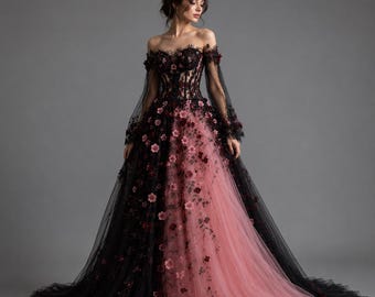 Black Pink Gothic Wedding Dress, Floral Corset Ballgown, Dark Fairytale Bridal Gown, Alternative Princess Couture