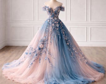 Vestido de novia estilo Cenicienta, vestido de novia de encaje y tul con hombros descubiertos y cola, vestido de novia de princesa de cuento de hadas bicolor azul y rosa.