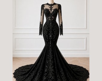 Zwarte zeemeermin trouwjurk met 3D-applicaties, gotische bruidsjurk met lange mouwen, halloweenjurk donkere bruid Illusiehals