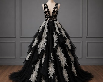 Vestido de novia gótico negro, vestido de novia de romance oscuro, vestido de baile con apliques de encaje, alta costura alternativa, cola catedral.