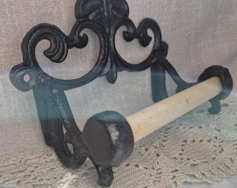 Soporte para papel higiénico estilo retro vintage, de metal macizo y madera, con percha elegante.