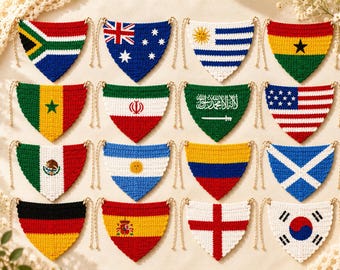 Pañuelo de ganchillo hecho a mano con la bandera de la Copa Mundial de Fútbol, pañuelo de ganchillo para aficionados al fútbol, bufanda para la cabeza con la bandera de fútbol, gorro para el día del partido, regalo para amigos.