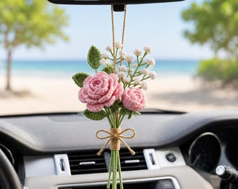 Adorno de coche con forma de flor de ganchillo, dije de coche de margarita y lavanda hecho a mano, decoración para el espejo retrovisor, dije de accesorio floral vintage para coche