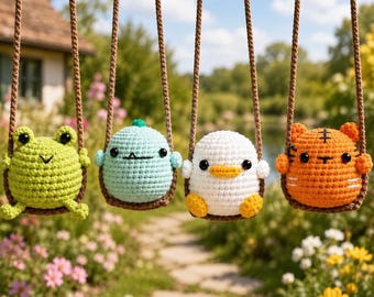 Adorno colgante de pato y tigre de ganchillo para coche, lindo dije de animal para espejo retrovisor, regalo de accesorios para coche de rana, conejo, pato y girasol, lindo regalo