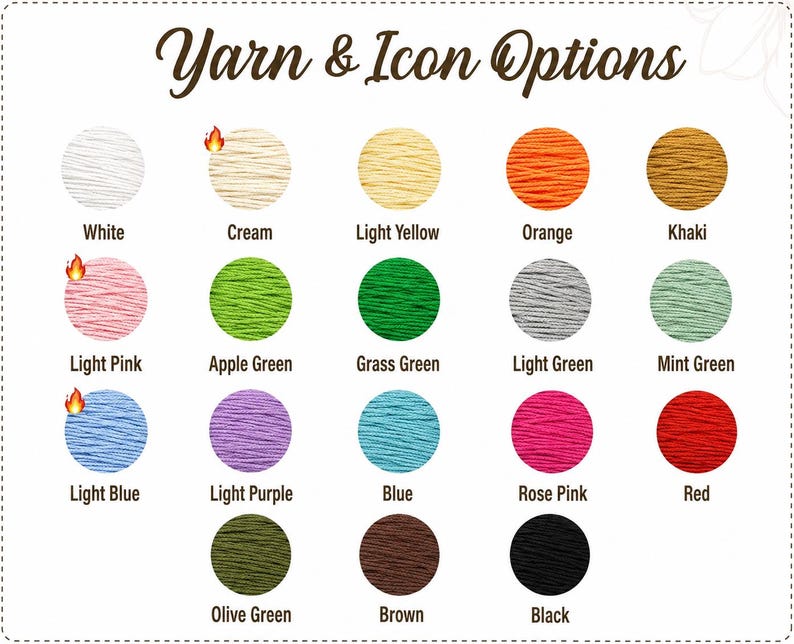 May include: A color chart titled "Yarn & Icon Options" displays various yarn colors. Colors include white, cream, light yellow, orange, khaki, light pink, apple green, grass green, light green, mint green, light blue, light purple, blue, rose pink, red, olive green, brown, and black.