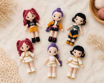 Handmade Rumi-Mira-Zoey Crochet Doll, Custom KPop Figure Girl, Handmade Plush Toy for Girls, Nursery Decor, Birthday Gift for Toddlers