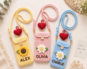 Funda para teléfono de ganchillo con nombre personalizado, bolsa para teléfono hecha a mano, personalizada y ecológica, regalo de Navidad, el mejor regalo para amigos.